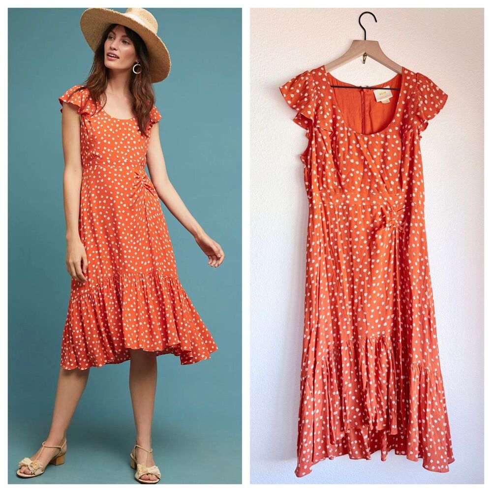 Maeve Anthropologie Orange Polka Dot Gathered Midi Dress Ruffle Sleeve EUC 8